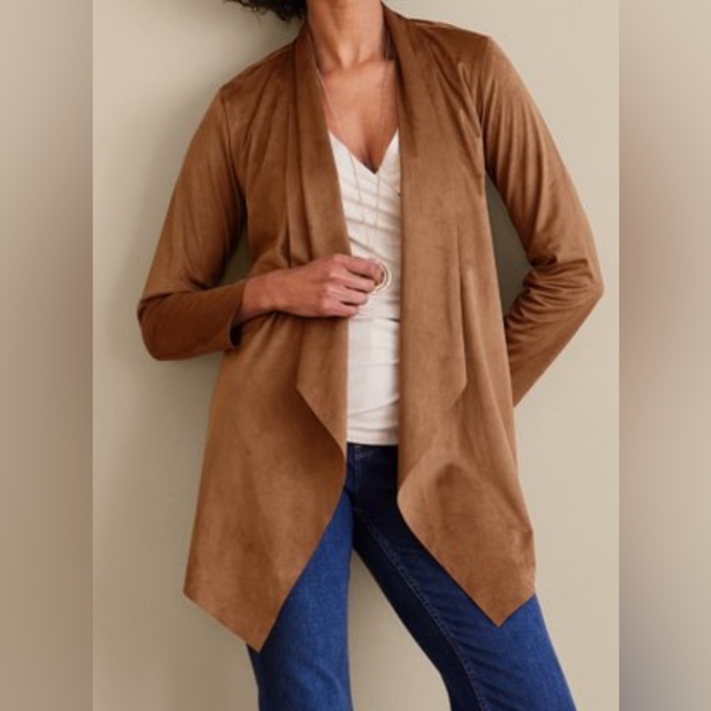 Soft surroundings Shape Drape Faux Suede Jacket Sz petite L saddle brown